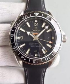 Replica Omega Planet Ocean SS GMT Black Dial Silver Markers Black Rubber Strap A8605