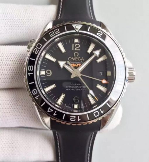 Replica Omega Planet Ocean SS GMT Black Dial Silver Markers Black Rubber Strap A8605
