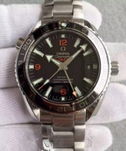 Replica Omega Planet Ocean SS GMT Black Dial Orange Markers SS Bracelet A8605