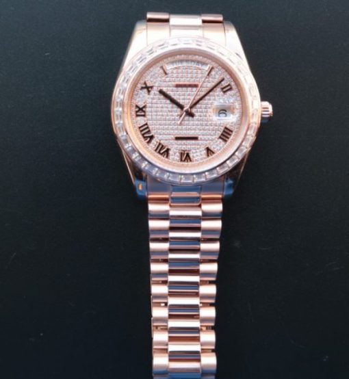 Replica Rolex Day-Date 218399 Roman Numerals RG Full Diamonds A3255 - Image 7