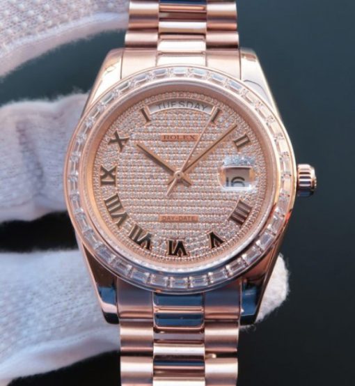 Replica Rolex Day-Date 218399 Roman Numerals RG Full Diamonds A3255