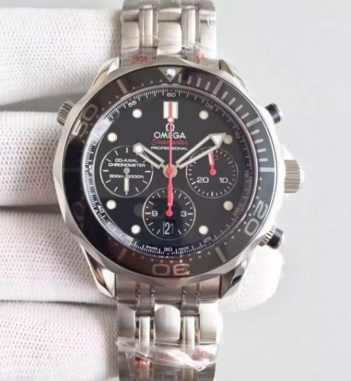 Replica Omega Seamaster 300m Diver Black Dial Black Inner Bezel SS Bracelet A7753