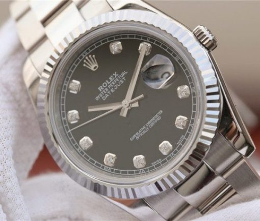 Replica Rolex DateJust 41mm 126334 Fluted Bezel Black Dial Diamonds Markers Jubilee Bracelet A3235 - Image 3