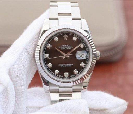 Replica Rolex DateJust 41mm 126334 Fluted Bezel Black Dial Diamonds Markers Jubilee Bracelet A3235