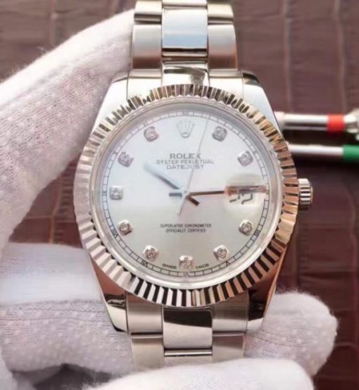 Replica Rolex DateJust 41mm 126334 Fluted Bezel White Dial Diamonds Markers SS Jubilee Bracelet A3235
