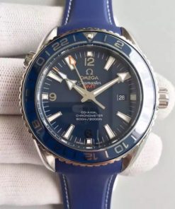 Replica Omega Planet Ocean SS GMT Blue Dial Silver Markers Blue Rubber Strap A8605