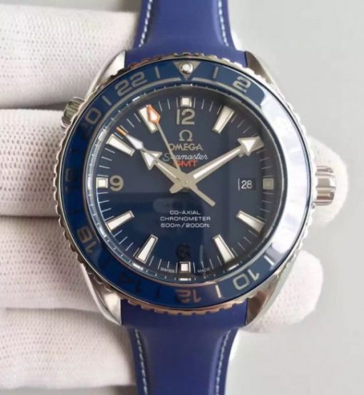 Replica Omega Planet Ocean SS GMT Blue Dial Silver Markers Blue Rubber Strap A8605