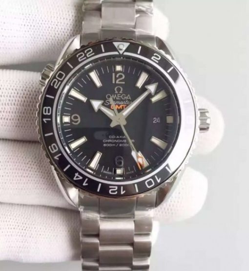 Replica Omega Planet Ocean SS GMT Black Dial Silver Markers SS Bracelet A8605
