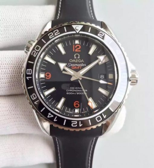 Replica Omega Planet Ocean SS GMT Black Dial Orange Markers Rubber Strap A8605