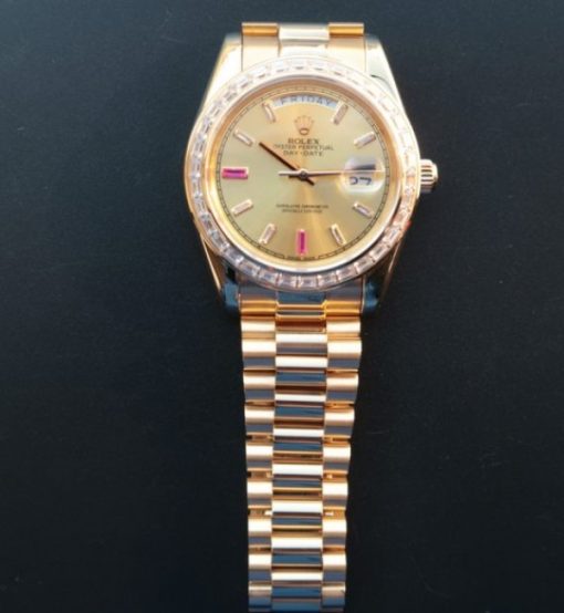 Replica Rolex Day-Date II RG Gold Dial Diamonds Bezel White/Red Crystal Markers RG Bracelet A3255 - Image 7