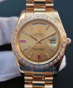Replica Rolex Day-Date II RG Gold Dial Diamonds Bezel White/Red Crystal Markers RG Bracelet A3255