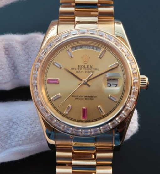 Replica Rolex Day-Date II RG Gold Dial Diamonds Bezel White/Red Crystal Markers RG Bracelet A3255