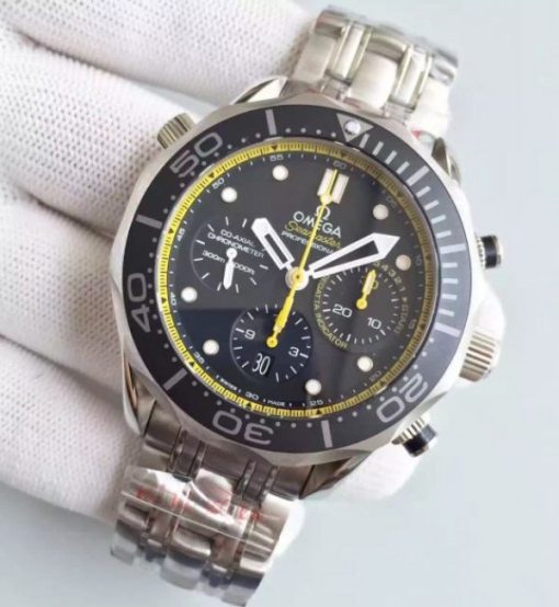 Replica Omega Seamaster 300m Diver SS Black Dial Yellow Inner Bezel SS Bracelet A7753 - Image 2