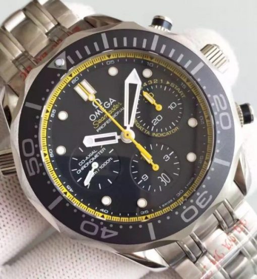 Replica Omega Seamaster 300m Diver SS Black Dial Yellow Inner Bezel SS Bracelet A7753 - Image 3