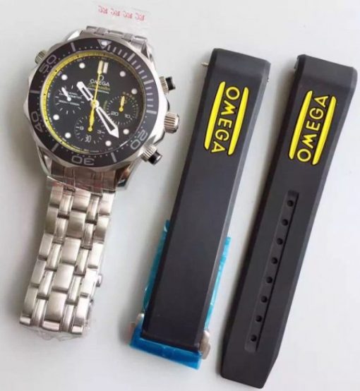 Replica Omega Seamaster 300m Diver SS Black Dial Yellow Inner Bezel SS Bracelet A7753 - Image 8