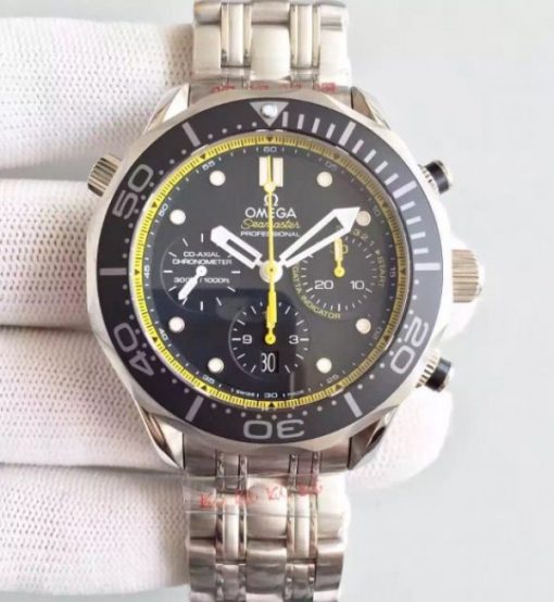 Replica Omega Seamaster 300m Diver SS Black Dial Yellow Inner Bezel SS Bracelet A7753