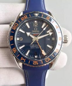 Replica Omega Planet Ocean GMT Goodplanet Blue Bezel Orange Marker Blue Dial Rubber A8605