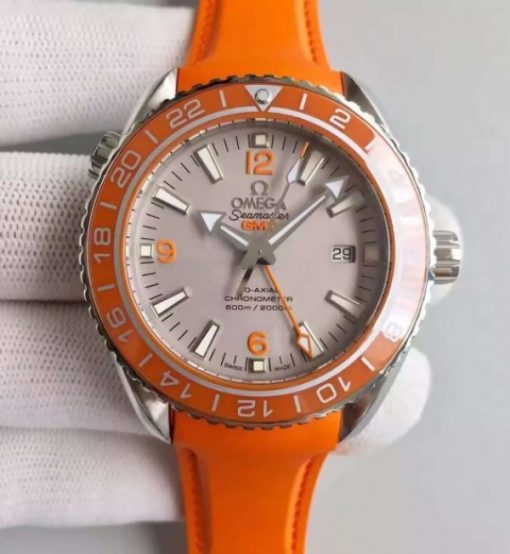 Replica Omega Planet Ocean SS GMT Gray Dial Orange Bezel Rubber Strap A8615