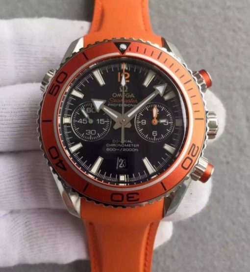 Replica Omega Planet Ocean 45mm Chrono Orange Bezel Black Dial Rubber Strap A9300