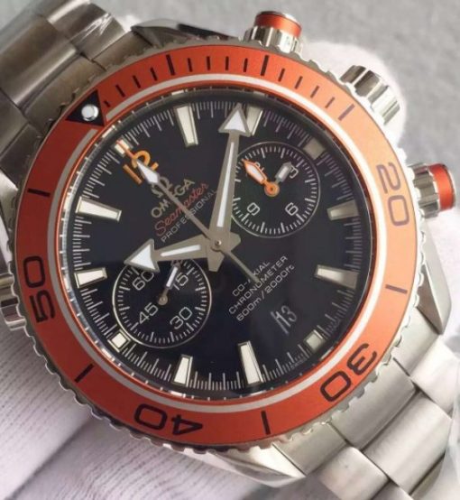 Replica Omega Planet Ocean 45mm Chrono Orange Bezel Black Dial SS Bracelet A7750 - Image 3