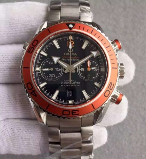 Replica Omega Planet Ocean 45mm Chrono Orange Bezel Black Dial SS Bracelet A7750