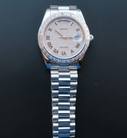 Replica Rolex Day-Date 218399 Roman Numerals SS Full Diamonds A3255 - Image 7