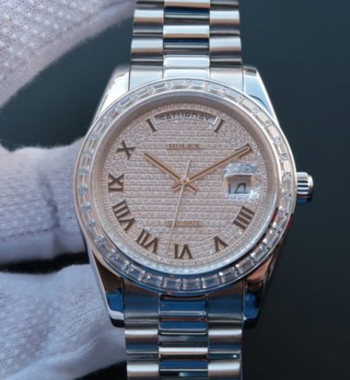 Replica Rolex Day-Date 218399 Roman Numerals SS Full Diamonds A3255