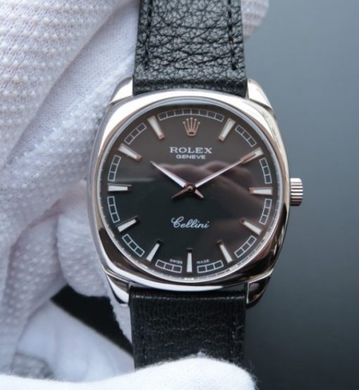 Replica Rolex Cellini Danaos 4243 SS Black Dial Black Leather Strap A2824