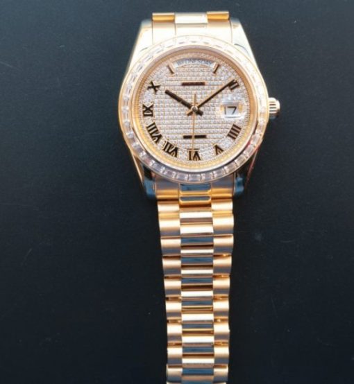 Replica Rolex Day-Date II RG Diamonds Full Bezel/Dial Roman Markers RG Bracelet A3255 - Image 7