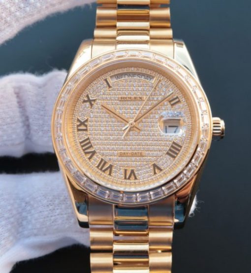 Replica Rolex Day-Date II RG Diamonds Full Bezel/Dial Roman Markers RG Bracelet A3255
