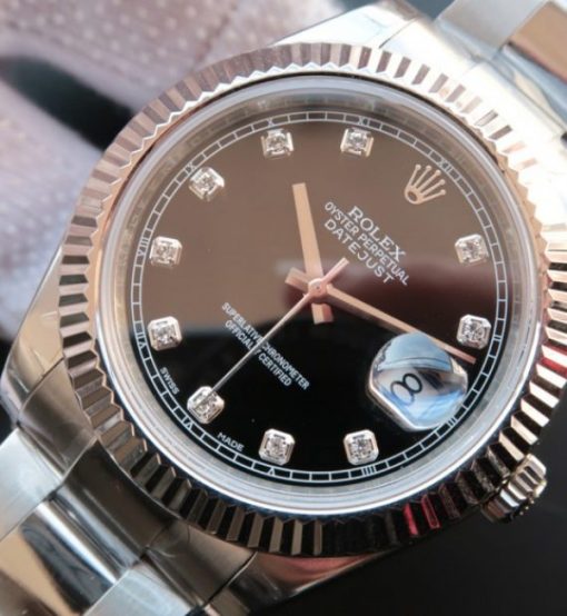 Replica Rolex DateJust 41mm 116334 Fluted Bezel Black Dial Diamonds Markers SS Bracelet A3136 - Image 2