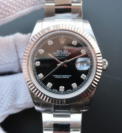 Replica Rolex DateJust 41mm 116334 Fluted Bezel Black Dial Diamonds Markers SS Bracelet A3136
