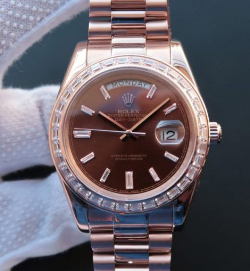Replica Rolex Day-Date 41mm 218399 RG Brown Dial Diamonds Bezel RG Bracelet A3255