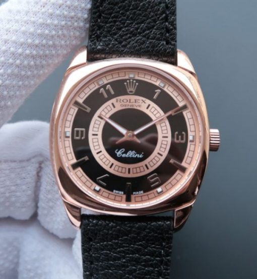 Replica Rolex Cellini Danaos 4243 RG Black/White Dial Black Leather Strap A2824
