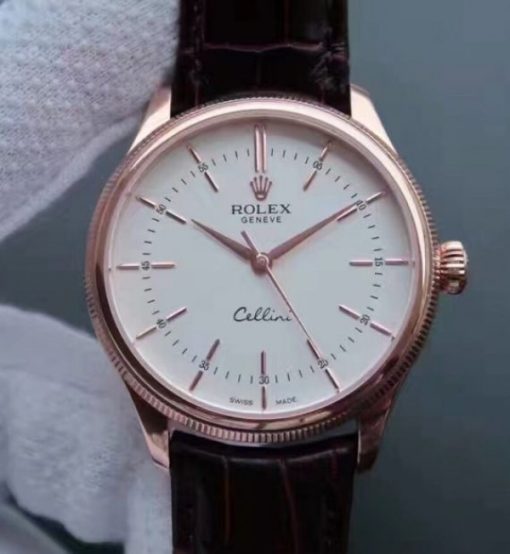 Replica Rolex MK Cellini Time 50505 RG White Dial Leather Strap A3132