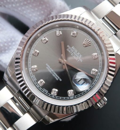Replica Rolex DateJust II SS Fluted Bezel Gray Dial Diamonds Markers SS Bracelet A3136 - Image 2