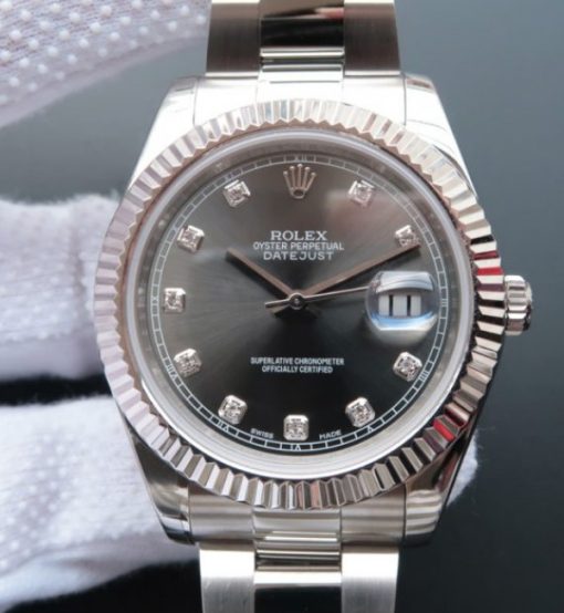 Replica Rolex DateJust II SS Fluted Bezel Gray Dial Diamonds Markers SS Bracelet A3136