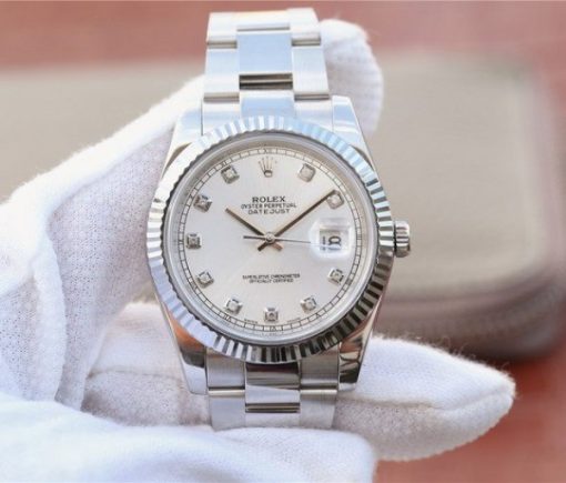 Replica Rolex DateJust 41mm 126334 Fluted Bezel White Dial Diamonds Markers SS Bracelet A3235