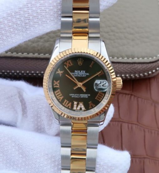 Replica Rolex DateJust 31mm 178383 RG Fluted Bezel Blue Dial A2235