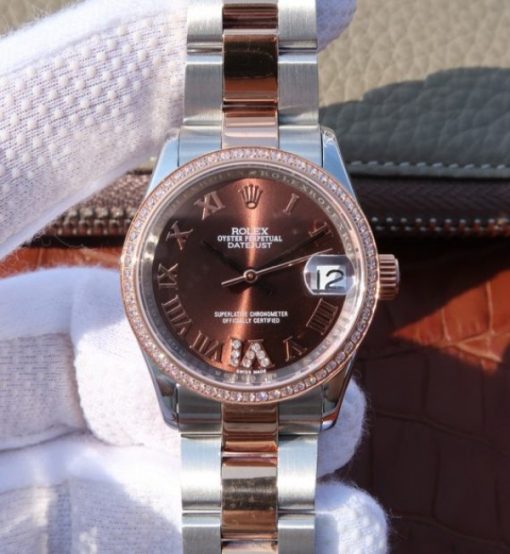 Replica Rolex DateJust 31mm 178383 Diamonds Bezel Roman Markers Brown Dial A2235