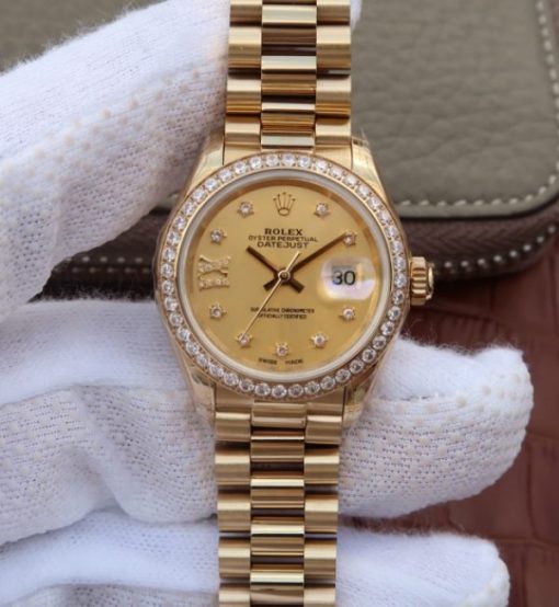 Replica Rolex DateJust 31mm Diamonds Bezel/Markers RG Gold Dial Bracelet A2235