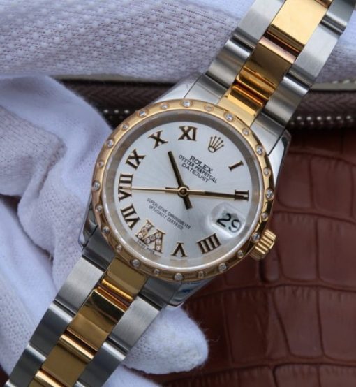 Replica Rolex DateJust 31mm Diamonds Bezel Roman Markers White Dial Bracelet A2235 - Image 2
