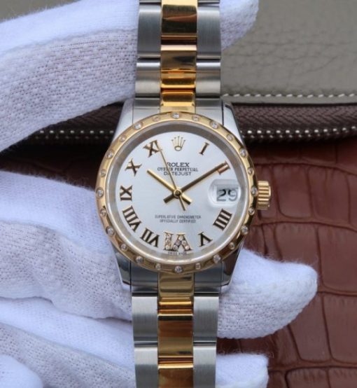 Replica Rolex DateJust 31mm Diamonds Bezel Roman Markers White Dial Bracelet A2235