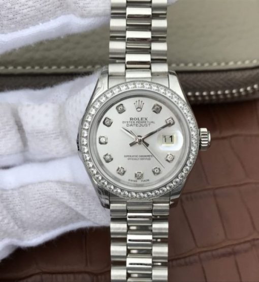 Replica Rolex DateJust 28mm Diamonds Bezel White Dial Diamonds Markers SS Bracelet A2236