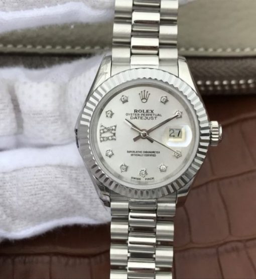 Replica Rolex DateJust 28mm Fluted Bezel White Dial Diamonds Rome Markers Bracelet A2236