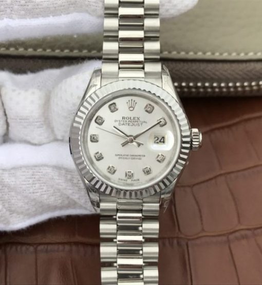 Replica Rolex DateJust 28mm Fluted Bezel White Dial Diamonds Markers Bracelet A2236