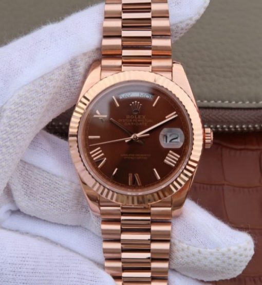 Replica Rolex Day-Date 40mm 228235 RG Noob Brown Dial Roman Markers RG Bracelet A3255
