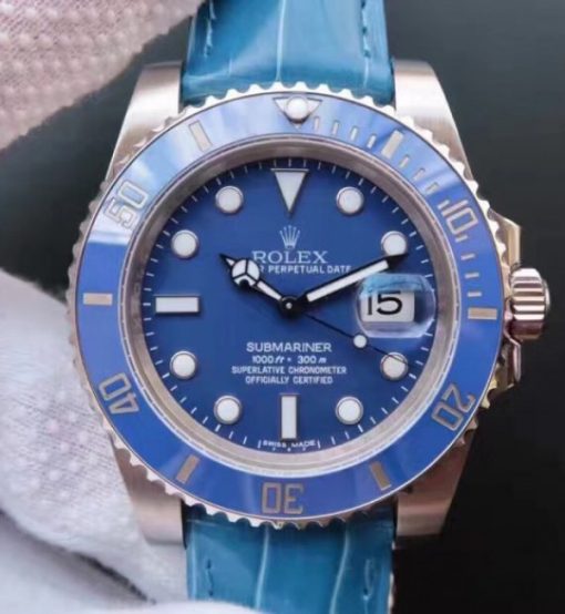 Replica Rolex Submariner 116619 LB Blue Ceramic Noob V7 Leather Strap A3135