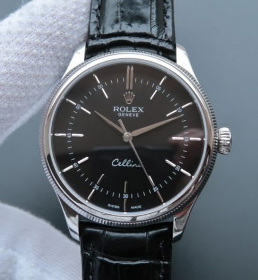 Replica Rolex MK Cellini Time 50509 SS Black Dial Leather Strap A3165