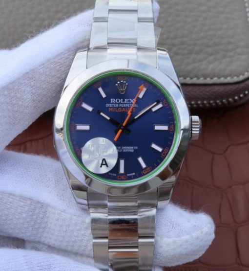 Replica Rolex Milgauss 116400 GV JF Green Sapphire Blue Dial SS Bracelet SH3131